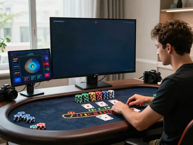 Joueur participant à un blackjack en ligne, ambiance moderne et lumineuse.