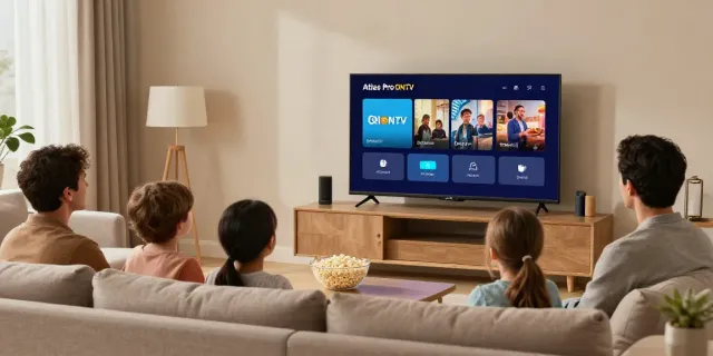 Famille profitant de l'application Atlas Pro ONTV dans un salon moderne.