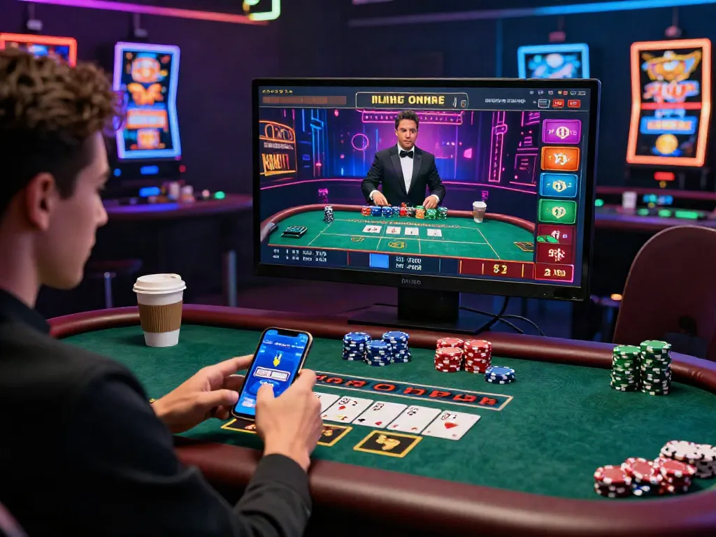 Joueur sur https://studiobarw.com/ profitant d'un jeu de casino en direct, ambiance moderne avec lumière colorée et accessoires de jeu.