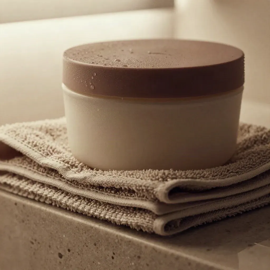 Pot d’après-shampoing dans une serviette éponge humide sur une tablette en travertin.