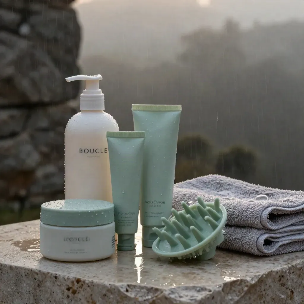 Kit routine pour boucles avec shampoing, soin, gel et diffuseur sur pierre mouillée à l’aube.