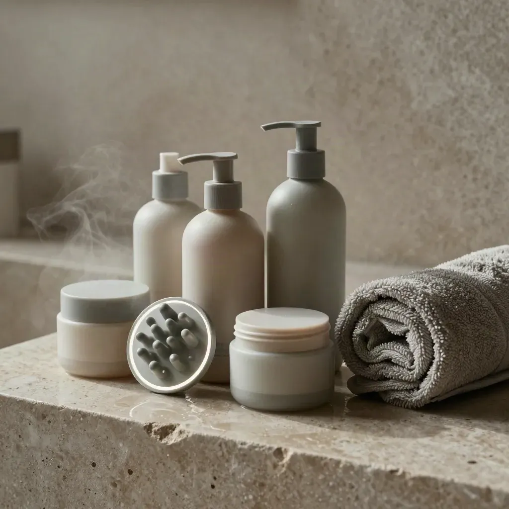 Pack de soins boucles avec diffuseur, serviette roulée et vapeur douce sur pierre claire.