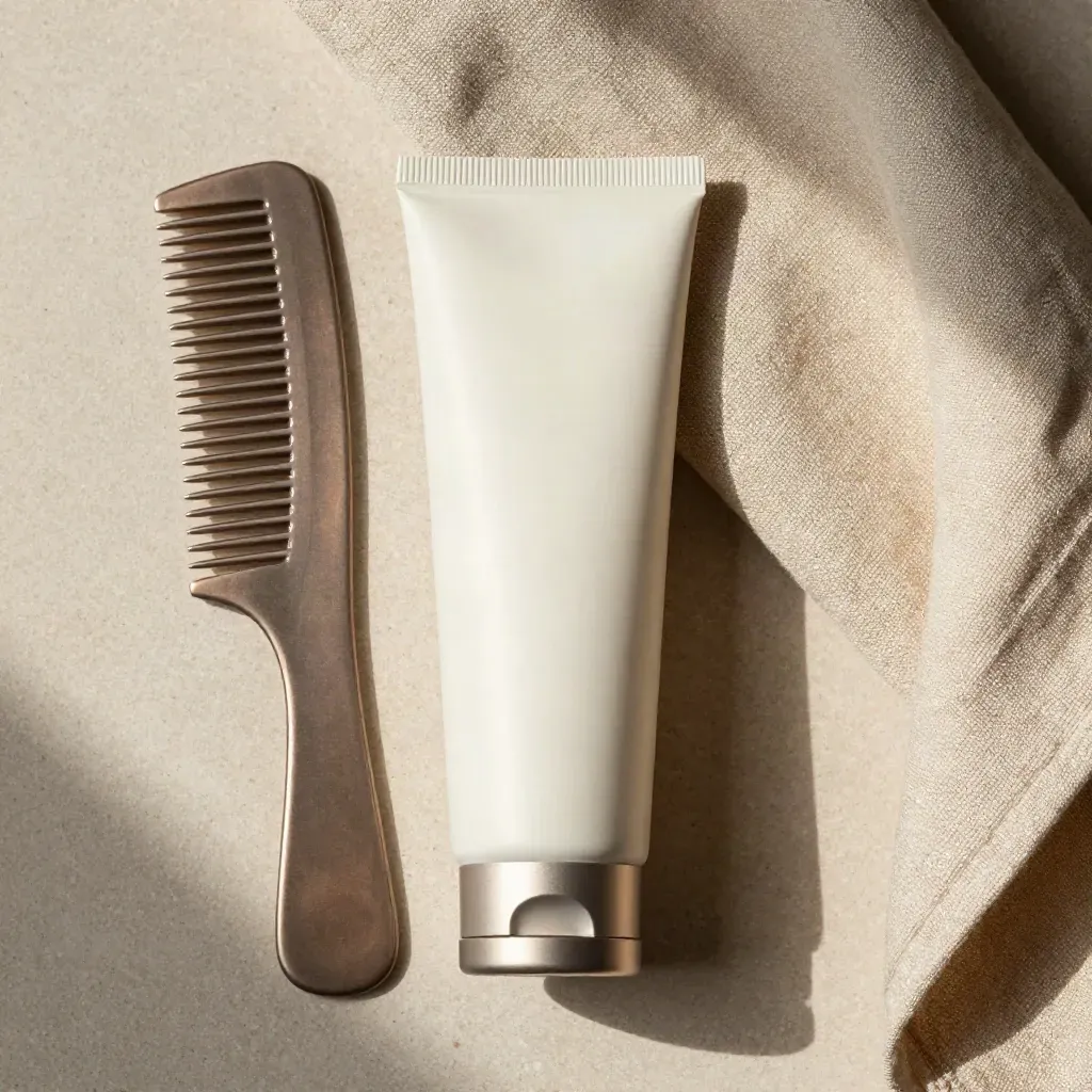 Tube de crème sans rinçage, peigne large et linge de lin sur pierre claire.