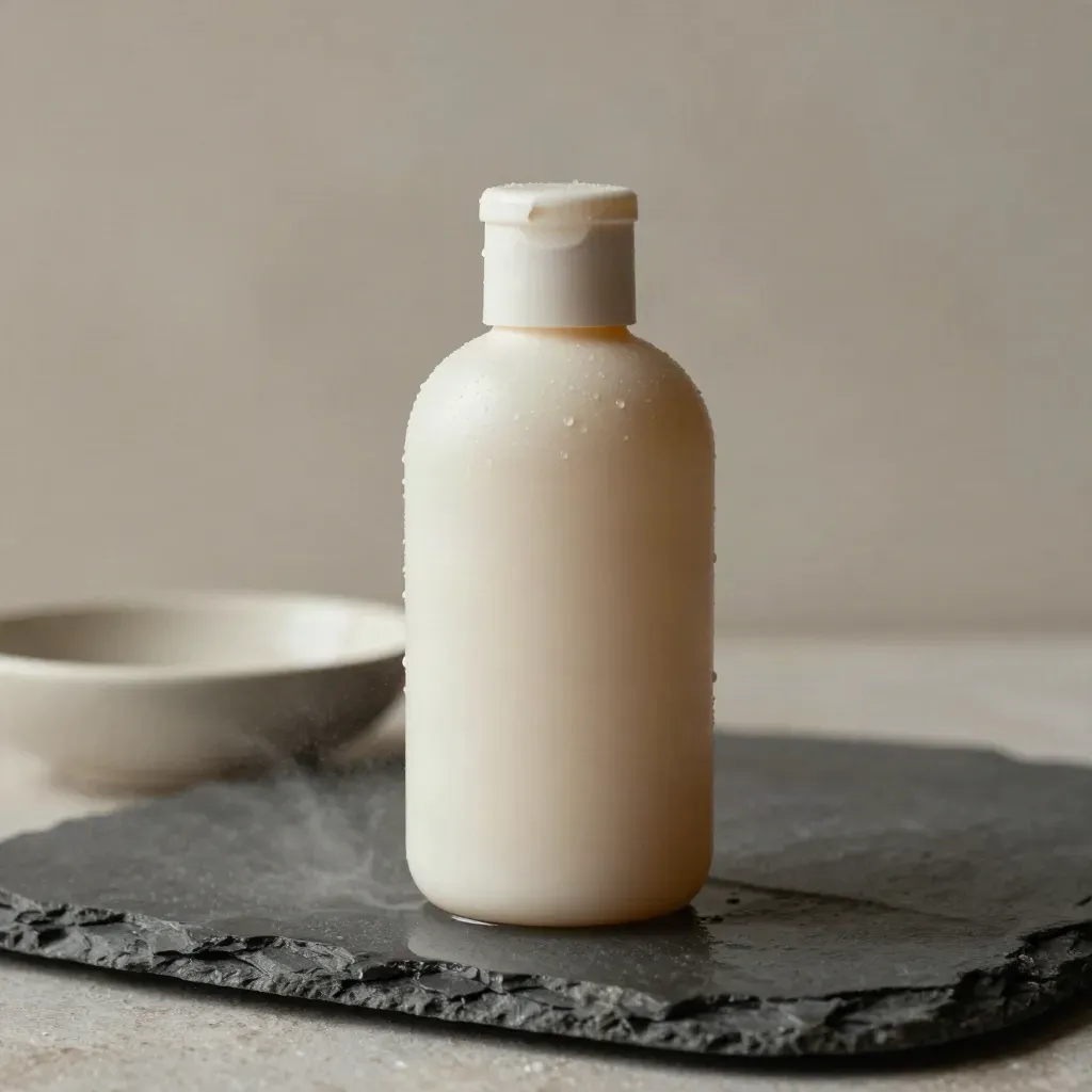 Flacon de shampoing pour boucles sur pierre humide, avec micro-gouttes et lumière douce.