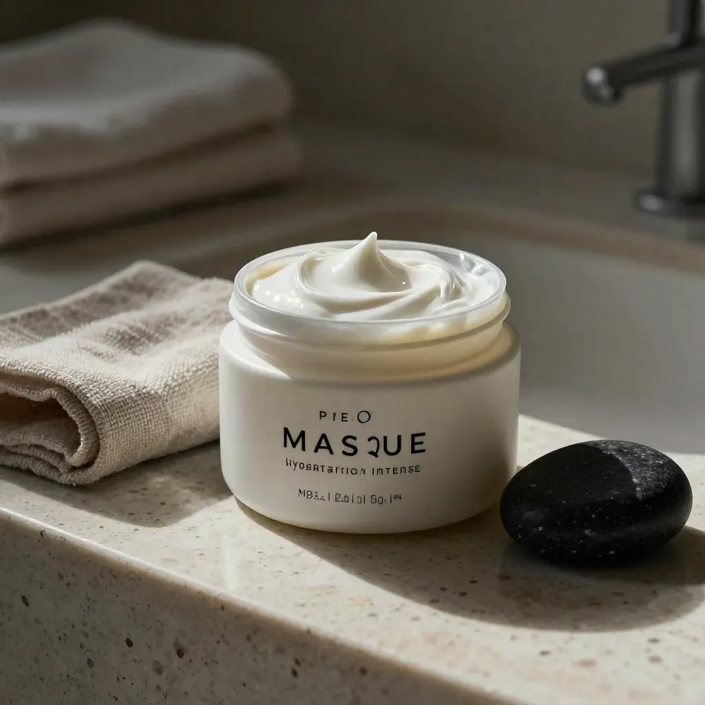 Pot ouvert de masque capillaire crémeux sur travertin, avec linge roulé et pierre sombre.