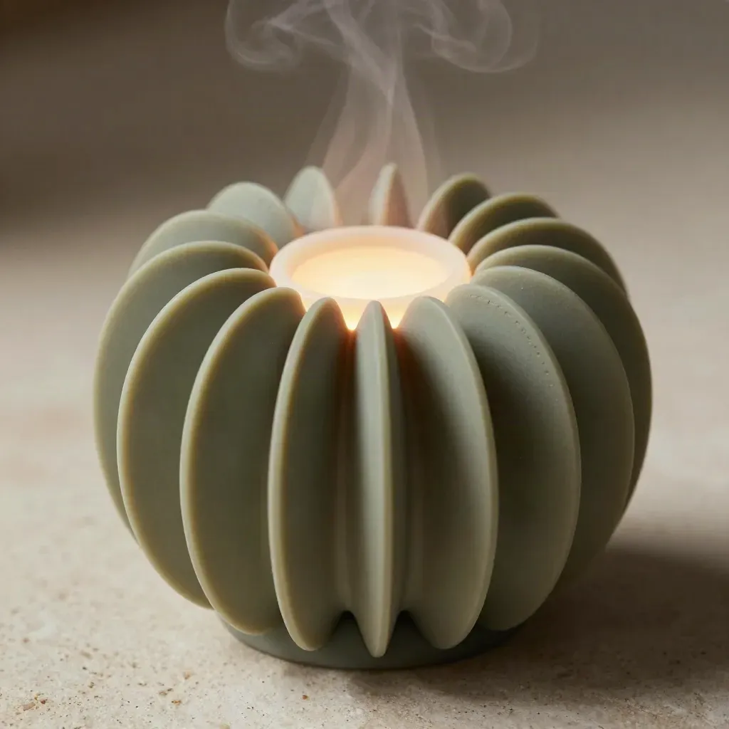 Diffuseur souple en silicone vert sauge en macro, près d’un sèche-cheveux flou sur fond pierre.