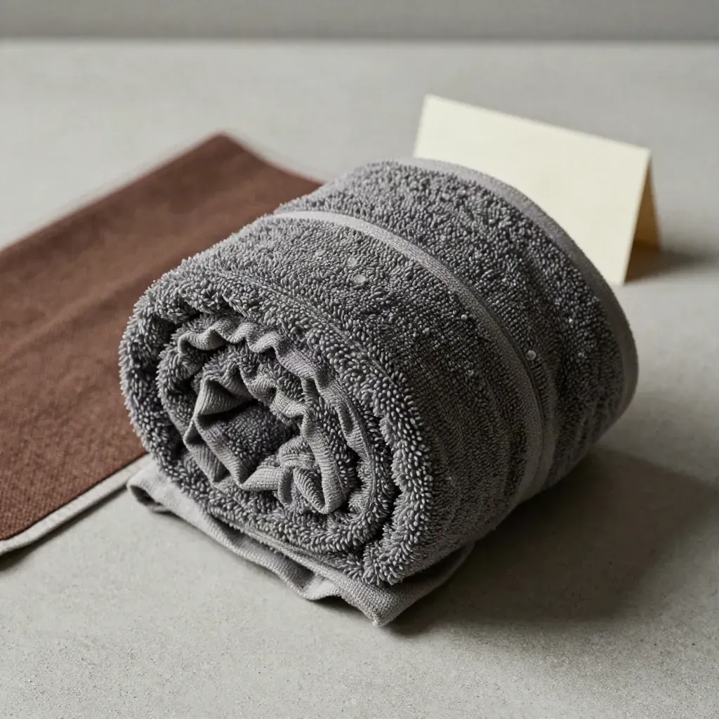 Serviette microfibre boucles roulée, humide, sur béton clair avec carte floue derrière