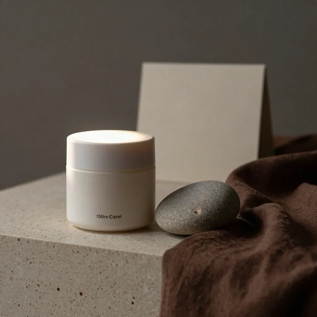Petit flacon de crème nuit pour boucles sur travertin, linge sombre et pierre mate.