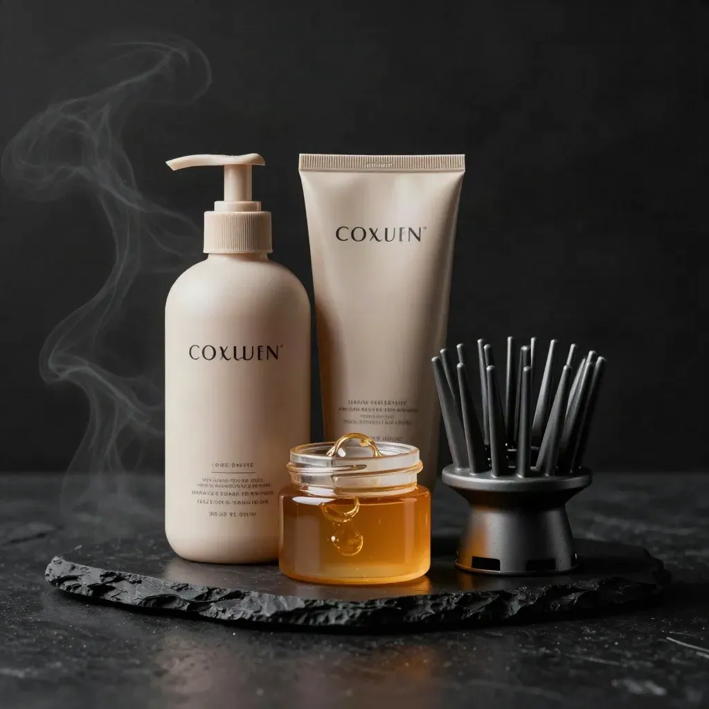 Pack de soins pour boucles sèches avec shampoing, soin, gel et diffuseur sur fond sombre.