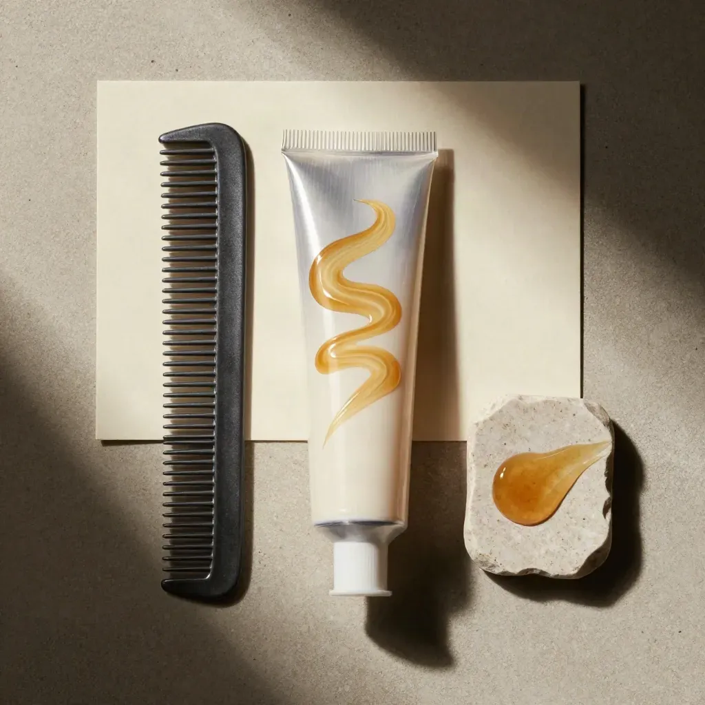 Gel coiffant clair, peigne fin, mèche test et pierre claire sur béton mat.