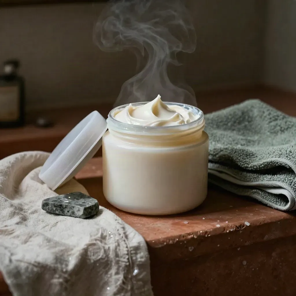 Pot de masque réparateur pour boucles ouvert, linge froissé, pierre humide et ambiance vapeur