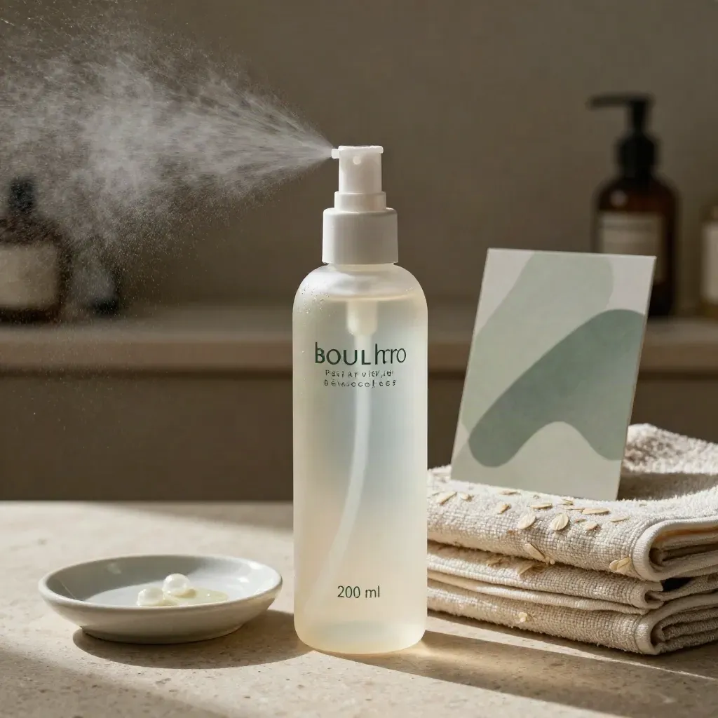 Flacon de spray réveil des boucles avec fine brume, serviette et touche de sauge sur pierre claire.