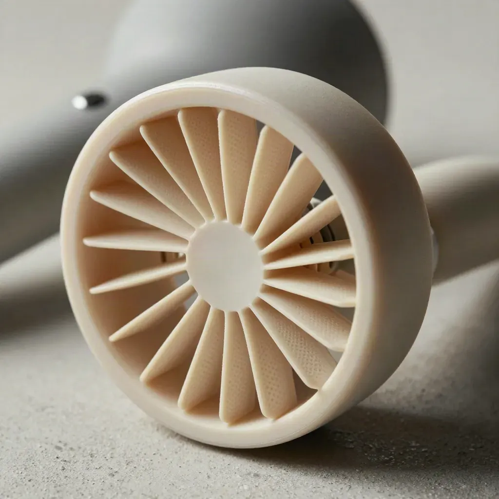 Diffuseur pliable crème en gros plan, avec sèche-cheveux flou en arrière-plan sur fond gris clair.