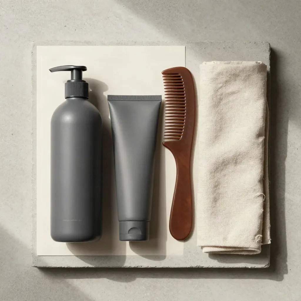 Flatlay de shampoing et gel boucles, peigne large et linge plié sur pierre claire.
