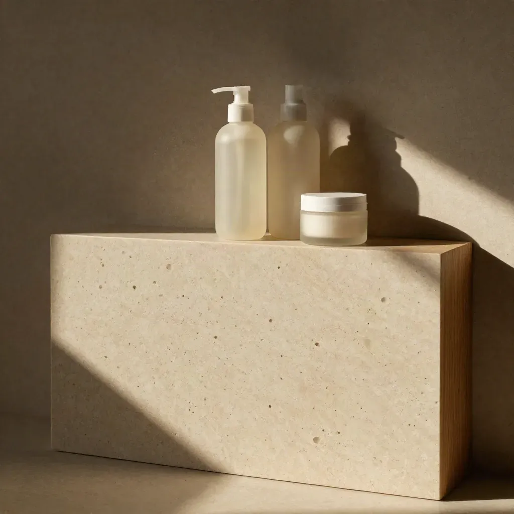Dalle de travertin claire avec bord bois blond, niche lumineuse et flacons de shampoing en haut.