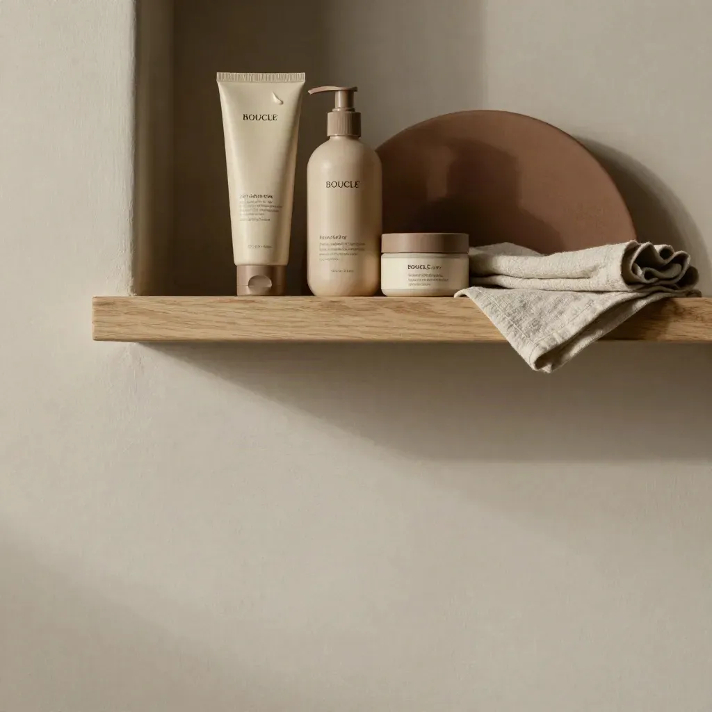 Alcôve en plâtre chaud avec soins sans rinçage, tablette bois et linge plié.