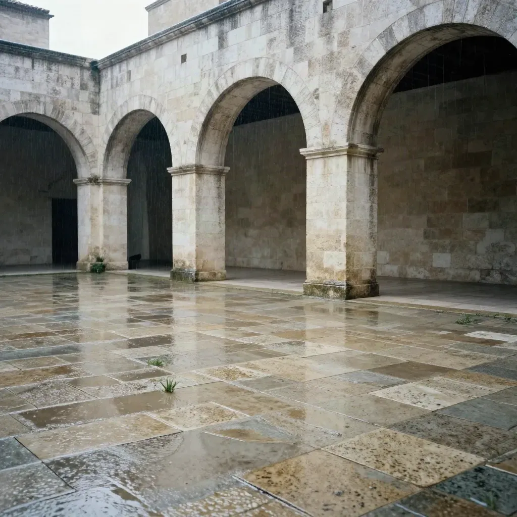 Cour en pierre arquée après la pluie, flaques lumineuses et lumière douce, atmosphère calme.