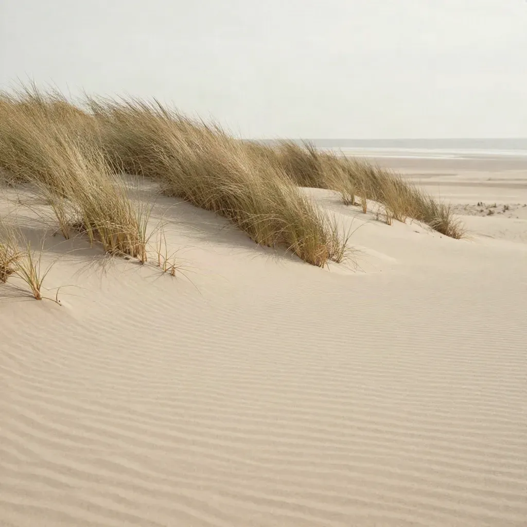 Herbes de dune claires sur sable pâle, horizon lointain et ciel lavé sous une lumière douce.