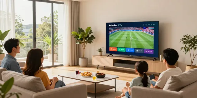 Application Atlas Pro IPTV diffusant des chaînes en direct dans un salon moderne.