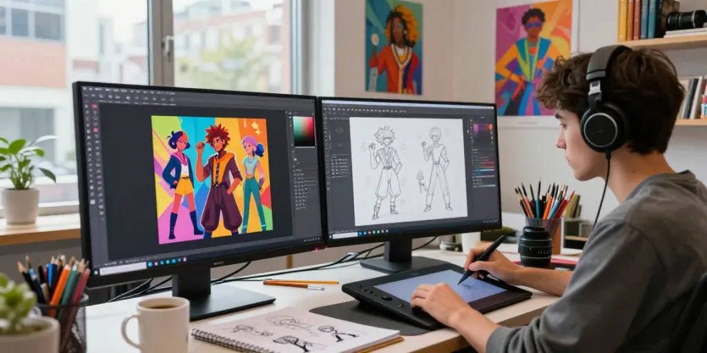 Dynamic scene of an artist designing NSFW AI characters in a vibrant digital art studio.