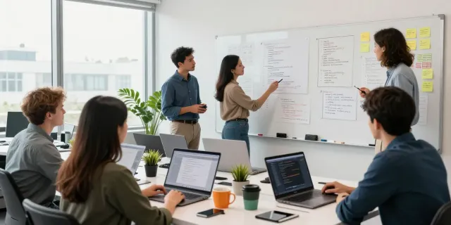 Collaboration d'équipe de développement logiciel autour de code dans un bureau moderne, illustrant Atlas pro.
