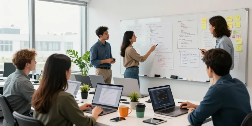 Collaboration d'équipe de développement logiciel autour de code dans un bureau moderne, illustrant Atlas pro.