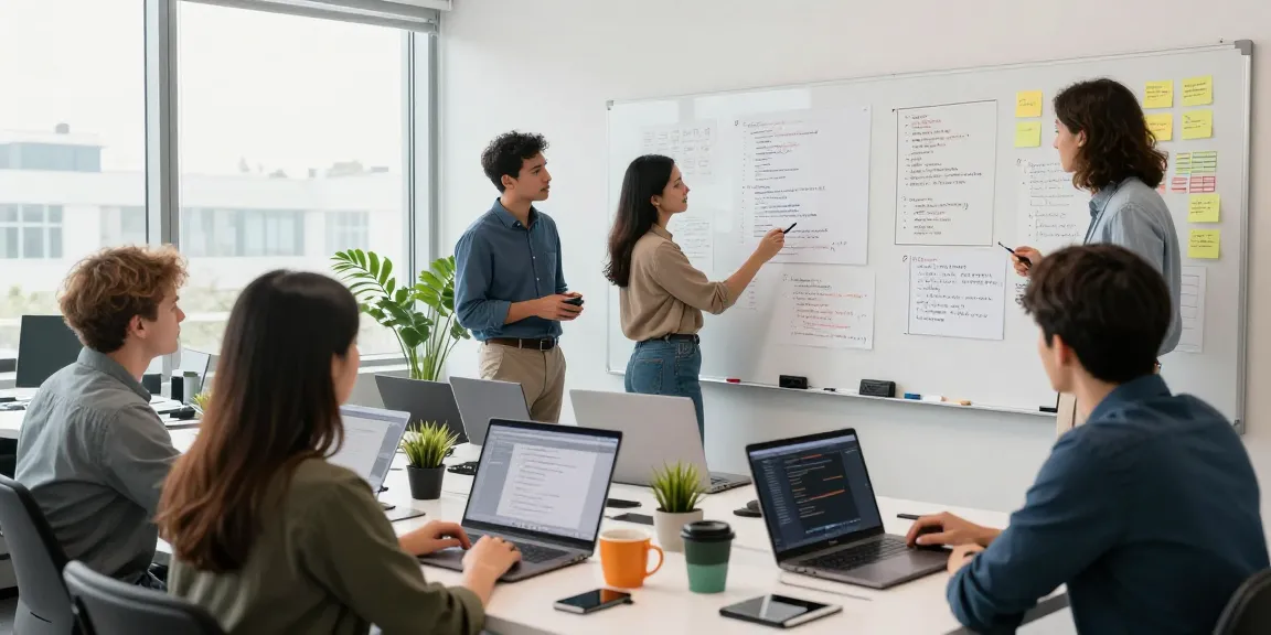 Collaboration d'équipe de développement logiciel autour de code dans un bureau moderne, illustrant Atlas pro.